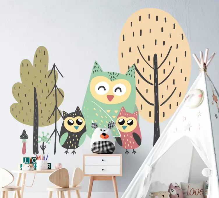 Klistermärke för barn glad ugglefamilj - Tenstickers