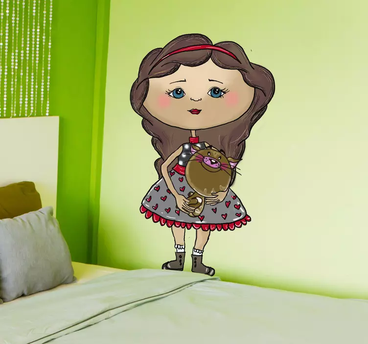 Klistermärke för barn söt tjej som håller katt - Tenstickers