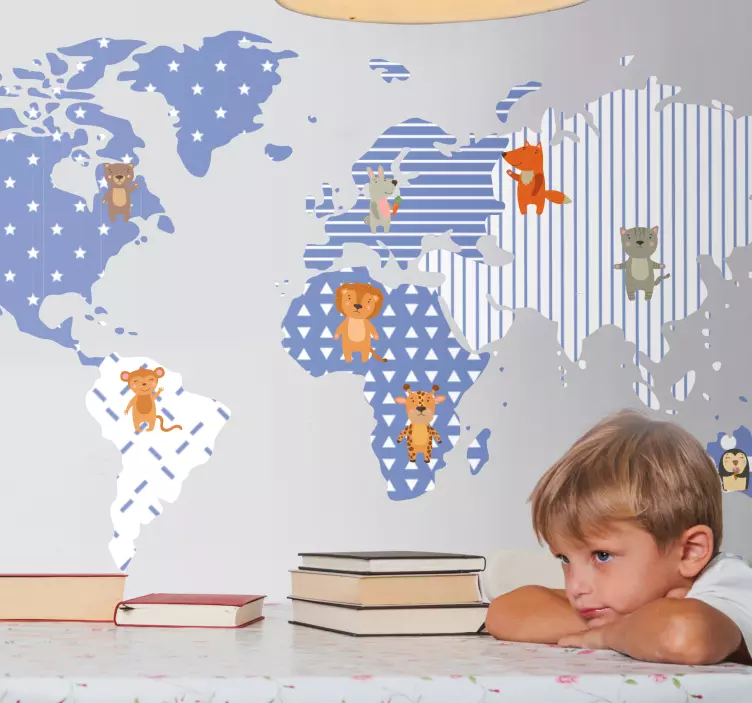 Illustrerad djurkarta världskarta klistermärke - Tenstickers