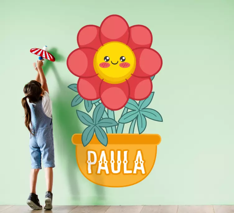 Orange kruka med väggdekor med blomma - Tenstickers