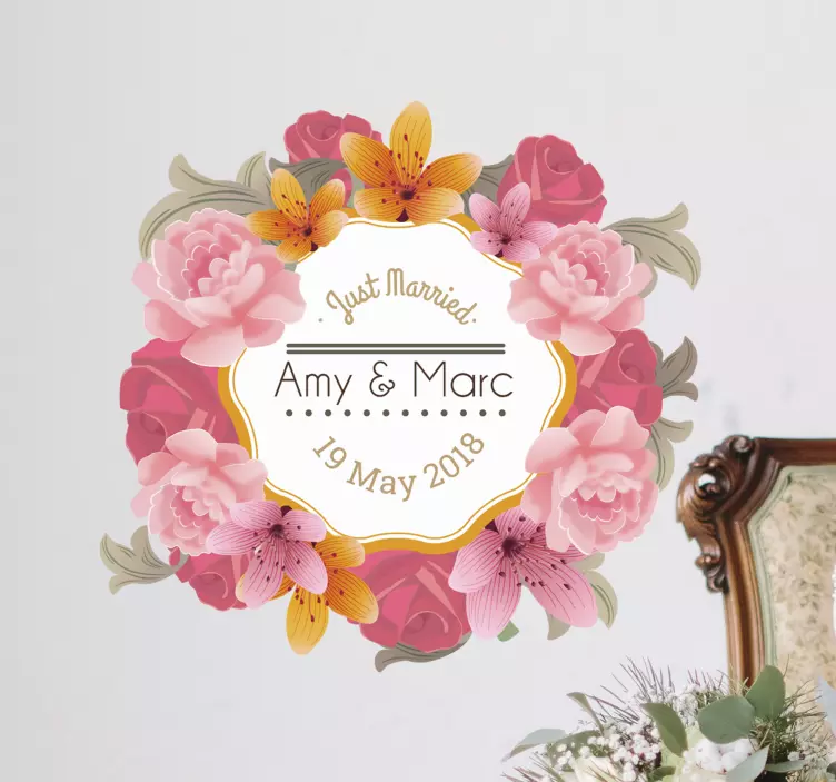 Personlig blommig ram bröllop klistermärke - Tenstickers