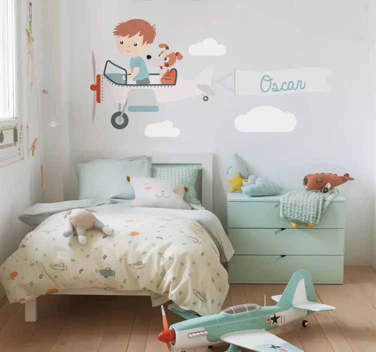 Pojke och hund på ett plan Väggklistermärken illustrationer - Tenstickers