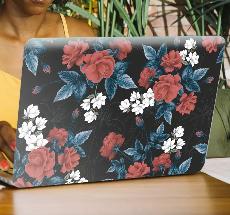 Röd blommönsterblomma laptop klistermärke - Tenstickers