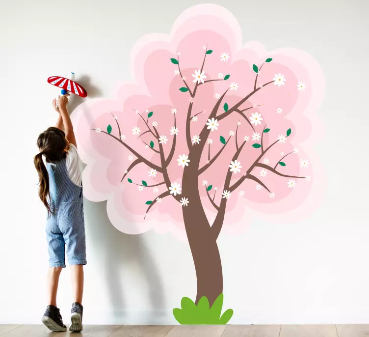 Rosa blommor på väggen klistermärke för brunt träd - Tenstickers