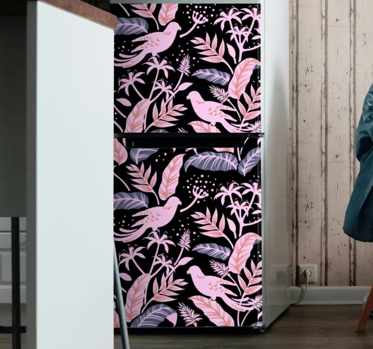 Svarta och rosa fåglar på blad kylskåp dekal - Tenstickers