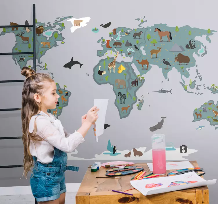 Tecknade djur och träd världskarta klistermärke - Tenstickers