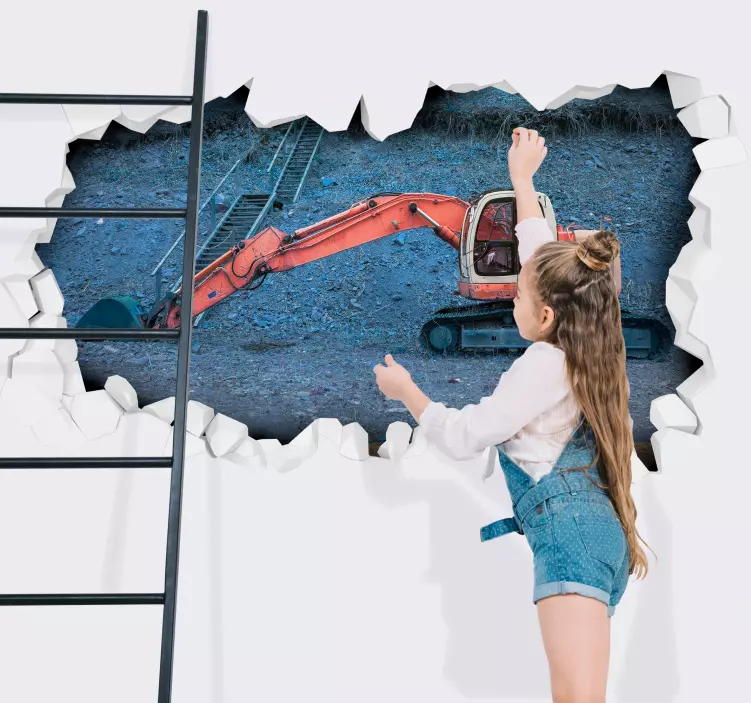 Trasig vägg med röd grävmaskin wallsticker - Tenstickers