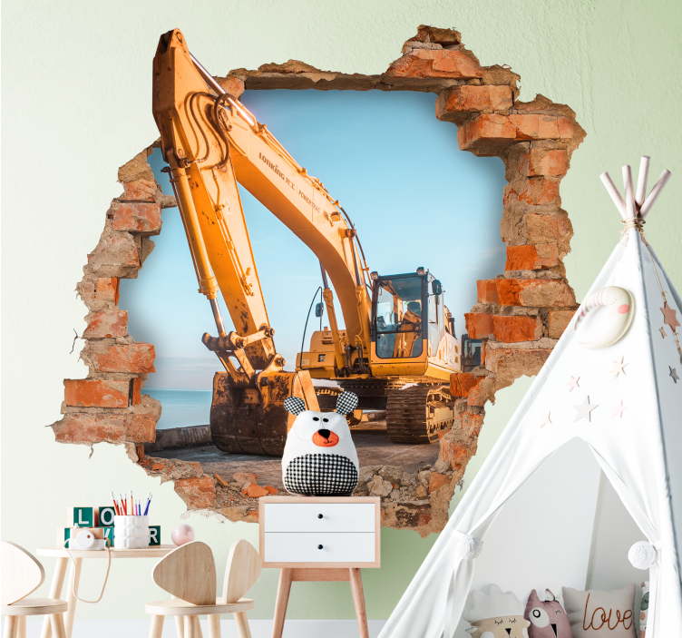 Trasig vägg med grävmaskin wallsticker - Tenstickers