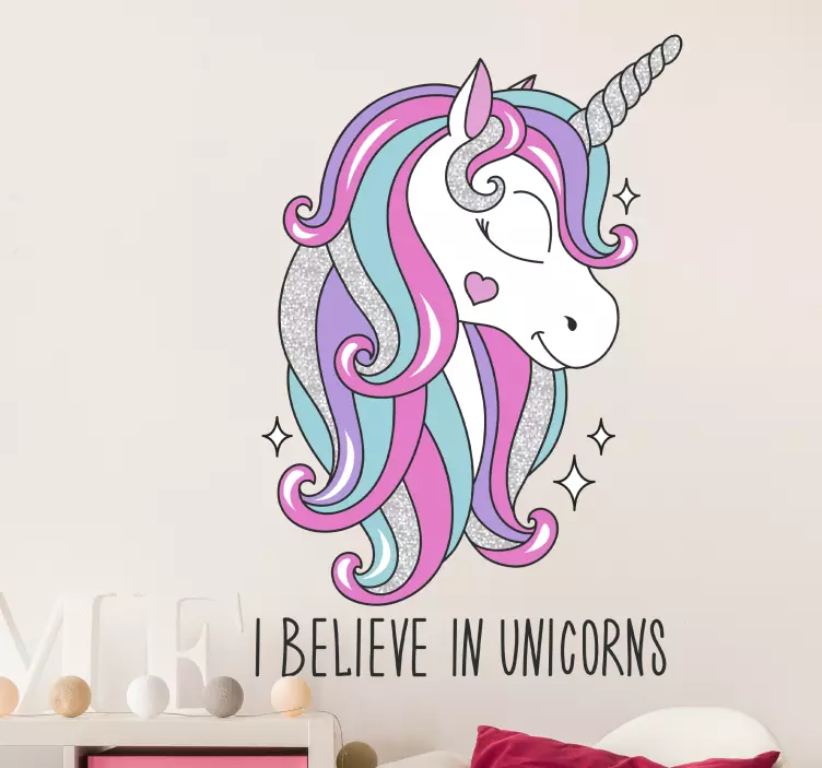 Jag tror på unicorn tecknad saga dekal - Tenstickers