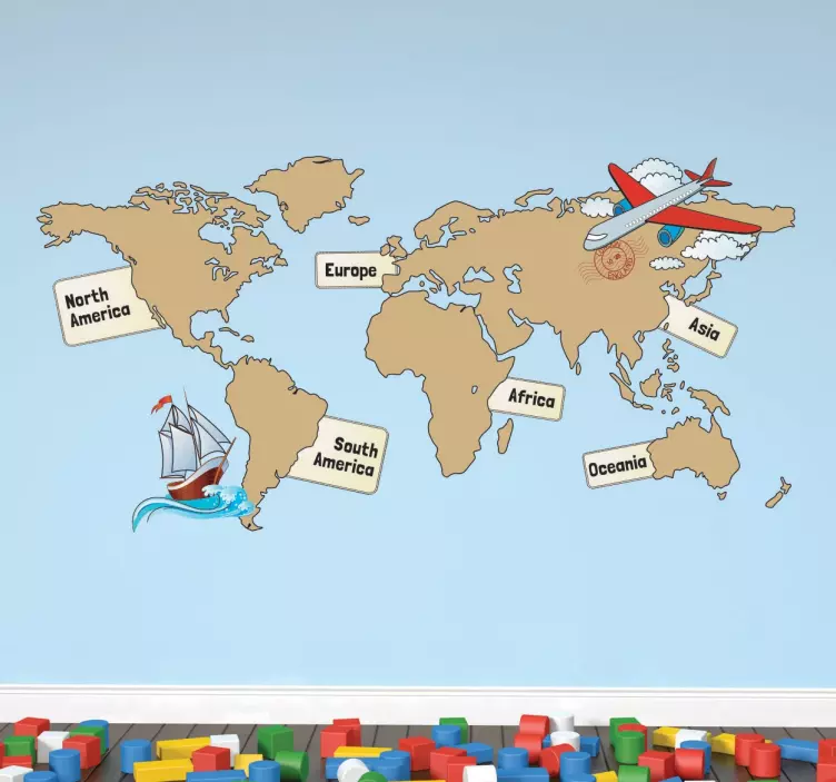 Världskarta med kontinenter klistermärke - Tenstickers