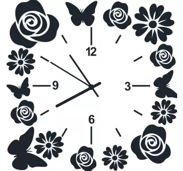 Klocka med fjärilar och blommor väggklocka klistermärke - Tenstickers
