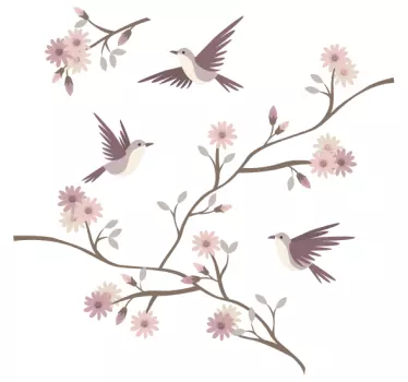 Blommor på våren med små fåglar blommor väggdekor - Tenstickers