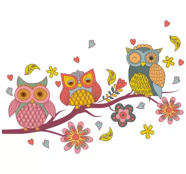 Träd med virvlande grenar och ugglor illustration väggkonst - Tenstickers