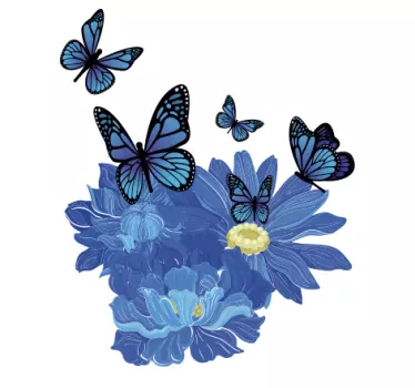 Blå akvarell blommor med fjärilar blommor vägg inredning - Tenstickers