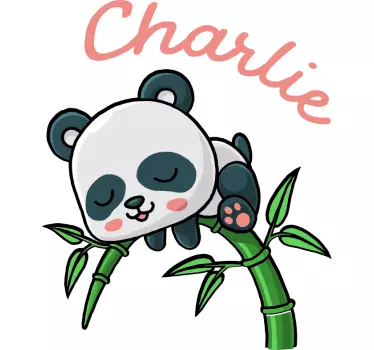 Panda med bambu och namn baby väggdekal - Tenstickers