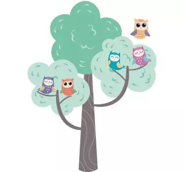 Färgglada träd med ugglor illustration vägg konst dekal - Tenstickers