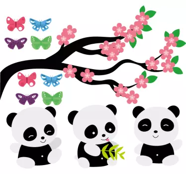 Vårträd med panda och fjärilar vilda djur klistermärke - Tenstickers