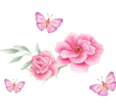 Rosa rosor och fjärilar blommigt väggdekal - Tenstickers