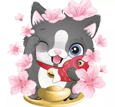 Väggklistermärken djur glad katt med fisk - Tenstickers