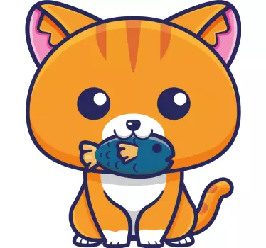 Söt katt äter fisk tecknad klistermärke - Tenstickers