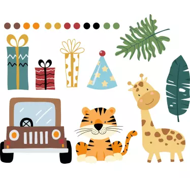 Härliga safari djur med bil och gåvor baby väggdekal - Tenstickers