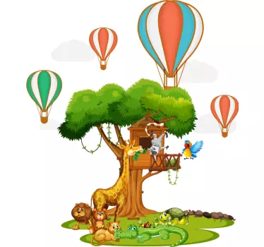 Luftballonger och djur med en väggdekor av trädhus - Tenstickers