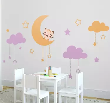 Barn måne, kattunge & himmel väggdekal - Tenstickers