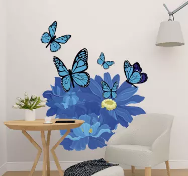 Blå akvarell blommor med fjärilar blommor vägg inredning - Tenstickers
