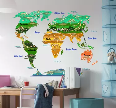 Dinosaurier med svenskt namn världskarta väggdekal - Tenstickers