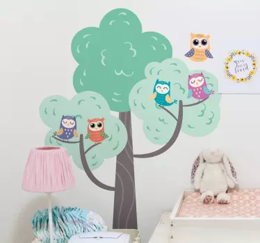 Färgglada träd med ugglor illustration vägg konst dekal - Tenstickers