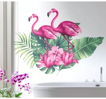 Flamingos med växt lämnar fågel klistermärke - Tenstickers