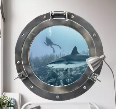 Haj genom fönstret med fisk 3d visuella effekter klistermärke - Tenstickers