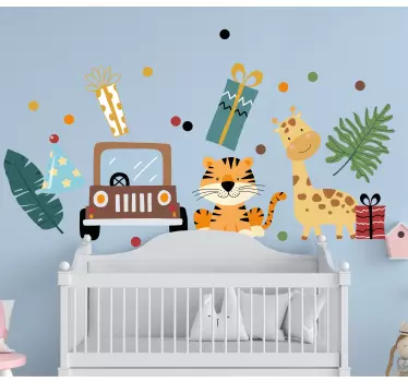 Härliga safari djur med bil och gåvor baby väggdekal - Tenstickers
