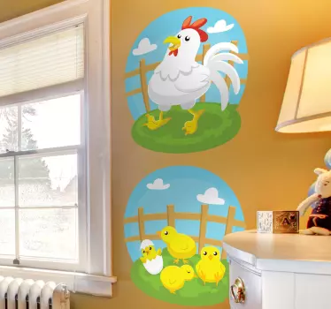 Höna med baby kyckling klistermärke - Tenstickers