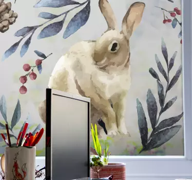 Kanin omgiven av vinterblomma fönster dekal - Tenstickers