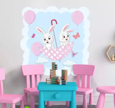 Kaniner på rosa paraply och fjärilar djurväggdekal - Tenstickers