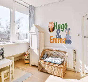Klistermärke för vilda djur med uggla och kaninsyskon - Tenstickers