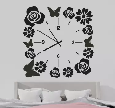 Klocka med fjärilar och blommor väggklocka klistermärke - Tenstickers