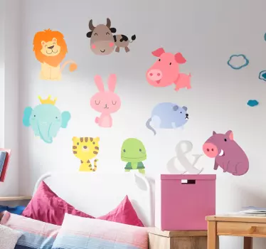 Olika djur barn tecknad vägg klistermärke - Tenstickers