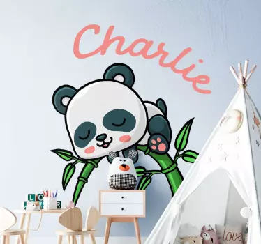 Panda med bambu och namn baby väggdekal - Tenstickers