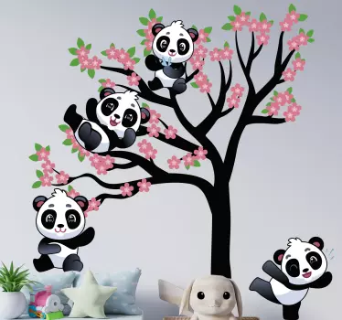 Pandaer som leker på vårens träd vilda djur klistermärke - Tenstickers