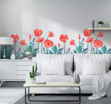Ritade vallmo med fjärilar blommor vägg inredning - Tenstickers