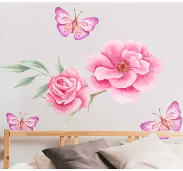 Rosa rosor och fjärilar blommigt väggdekal - Tenstickers