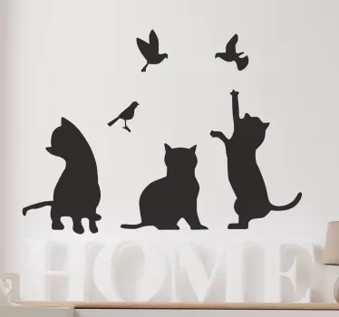 Silhuett katter och fåglar vägg klistermärke - Tenstickers