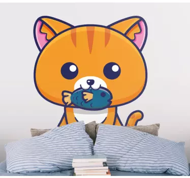 Söt katt äter fisk tecknad klistermärke - Tenstickers