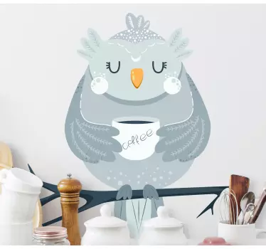 Söt uggla med kaffe mugg illustration kök klistermärken - Tenstickers