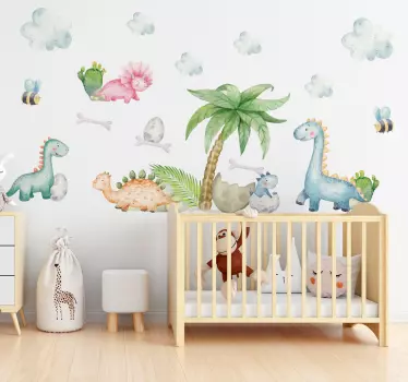 Söta akvarell dinosaurier klistermärken barnrum - Tenstickers