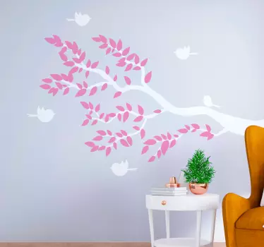 Träd med rosa löv och fåglar som flyger träd väggdekal - Tenstickers