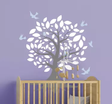Träd med vita löv och fåglar illustration väggkonst - Tenstickers