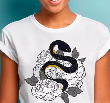 Svart orm och vit blomma t-shirt - Tenstickers